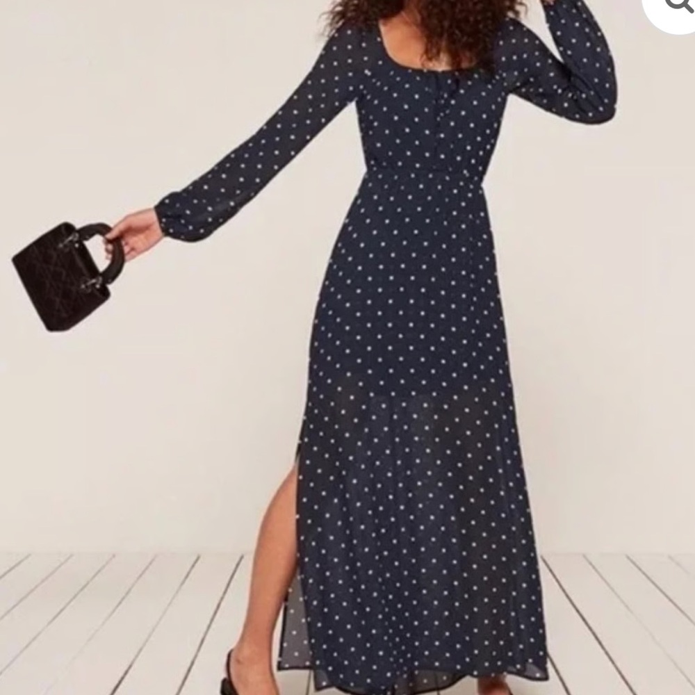Reformation Augusta Navy Polka Dot Long Sleeve Dress